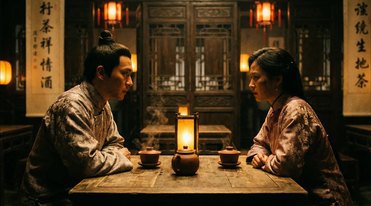 茄子视频古装剧情片拍摄剧照-茶馆对话场景