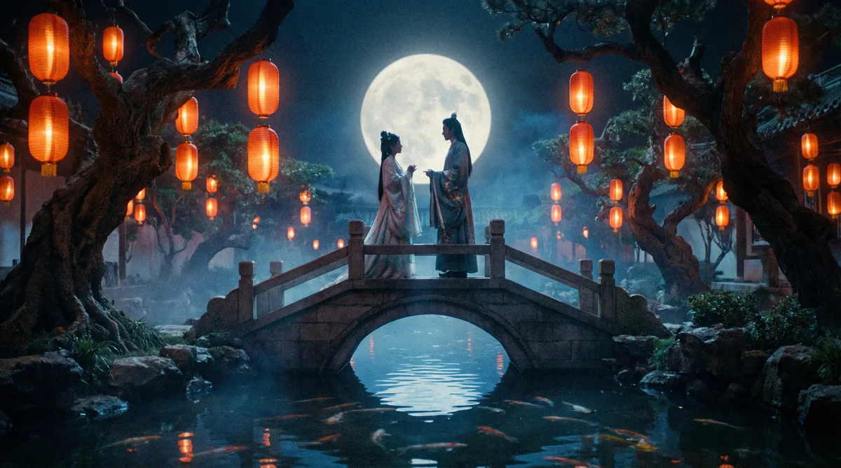 茄子视频古典爱情片拍摄剧照-月下花园场景